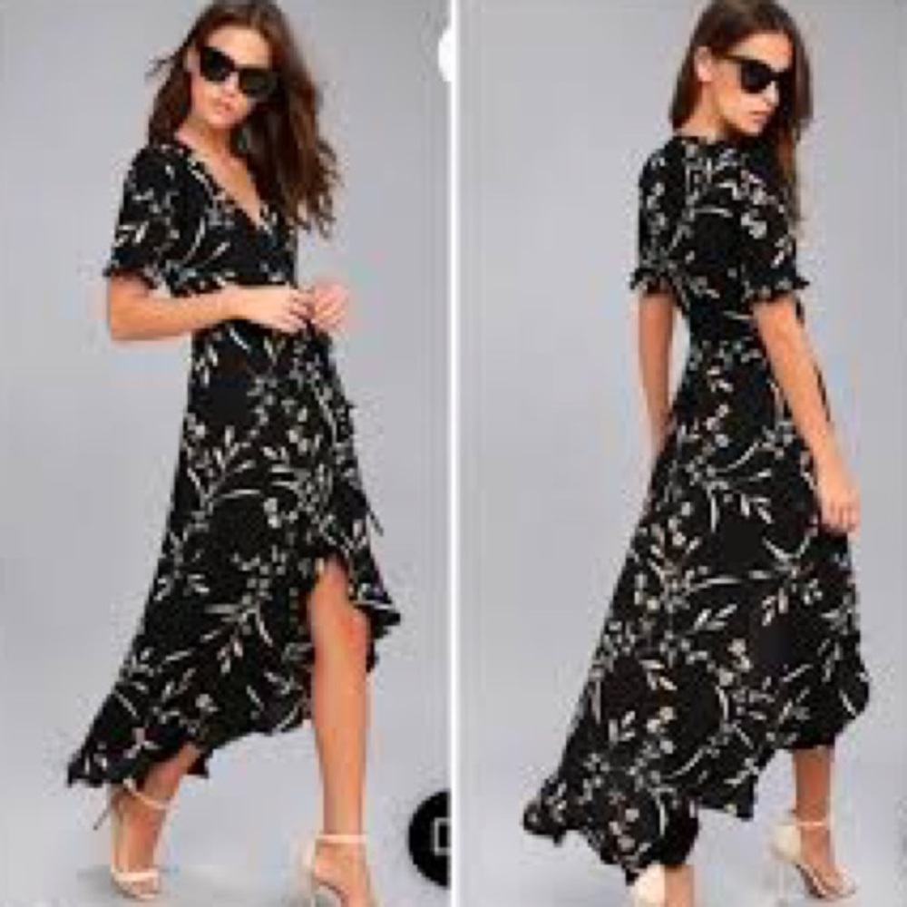 Lulu’s Dark Floral Gathered Shoulder Ruffled Wrap Hi Low Maxi Dress Medium NWT